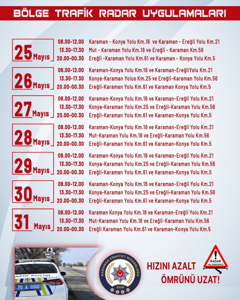 DİKKAT! RADAR VAR.Karaman'da Haftalık Radar Noktaları ve Saatleri Açıklandı - Görsel 2