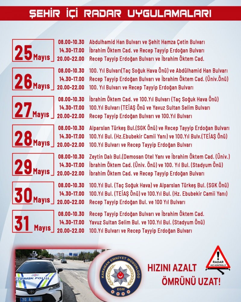 DİKKAT! RADAR VAR.Karaman'da Haftalık Radar Noktaları ve Saatleri Açıklandı - Görsel 3