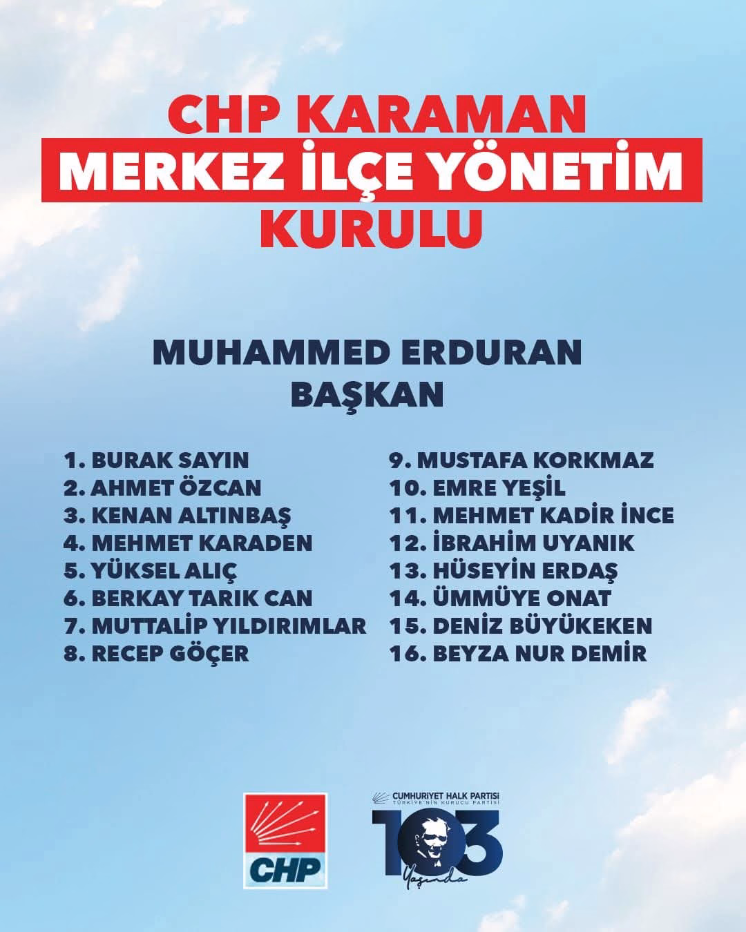 CHP Karaman Merkez İlçe Yönetimi Belli Oldu: Muhammed Erduran Başkanlığında Yeni Dönem