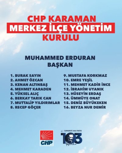 CHP Karaman Merkez İlçe Yönetimi Belli Oldu: Muhammed Erduran Başkanlığında Yeni Dönem